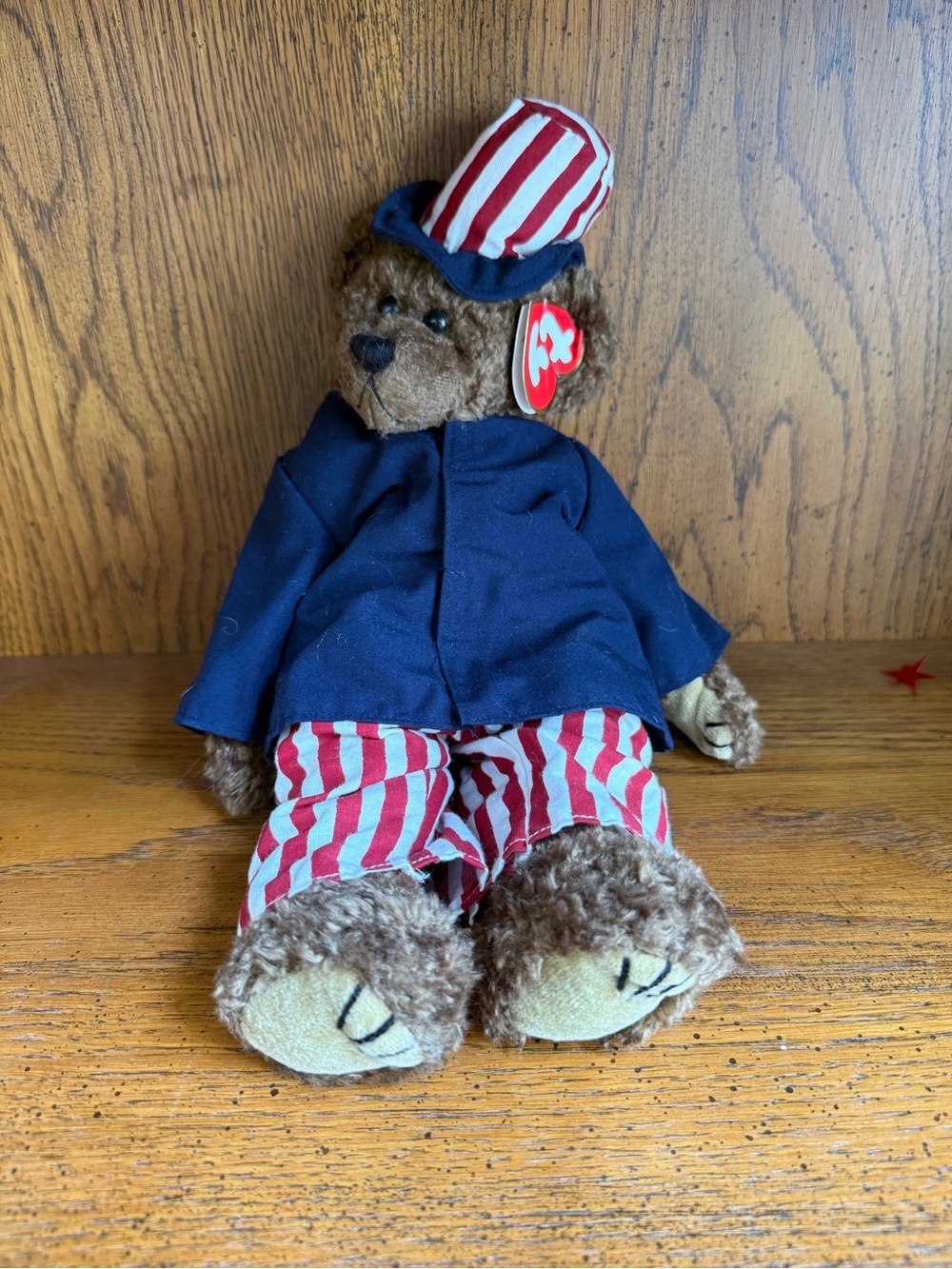 Ty Brown Teddy Bear in Navy, Red & White Stripes